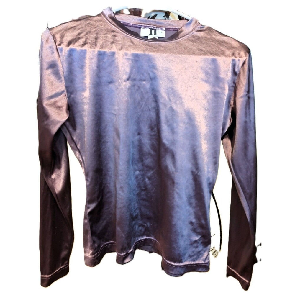 Fun Y2K One Step Up Shiny Satiny Purple Nylon Lycra Long Sleeve Top Size L
